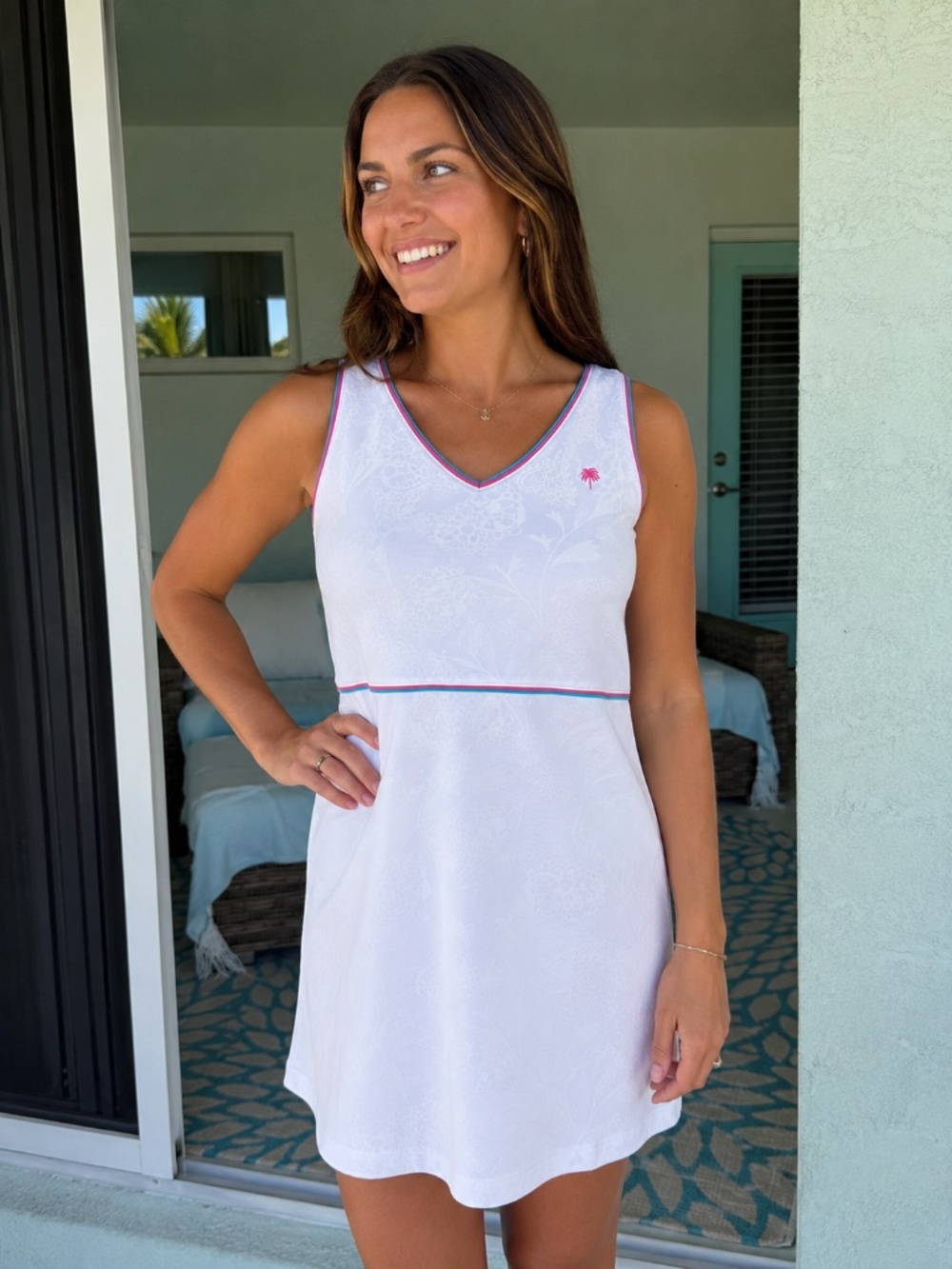 Vintage 90s Lilly Pulitzer Tennis Dress White Pink Palm Tree Jacquard size  L
